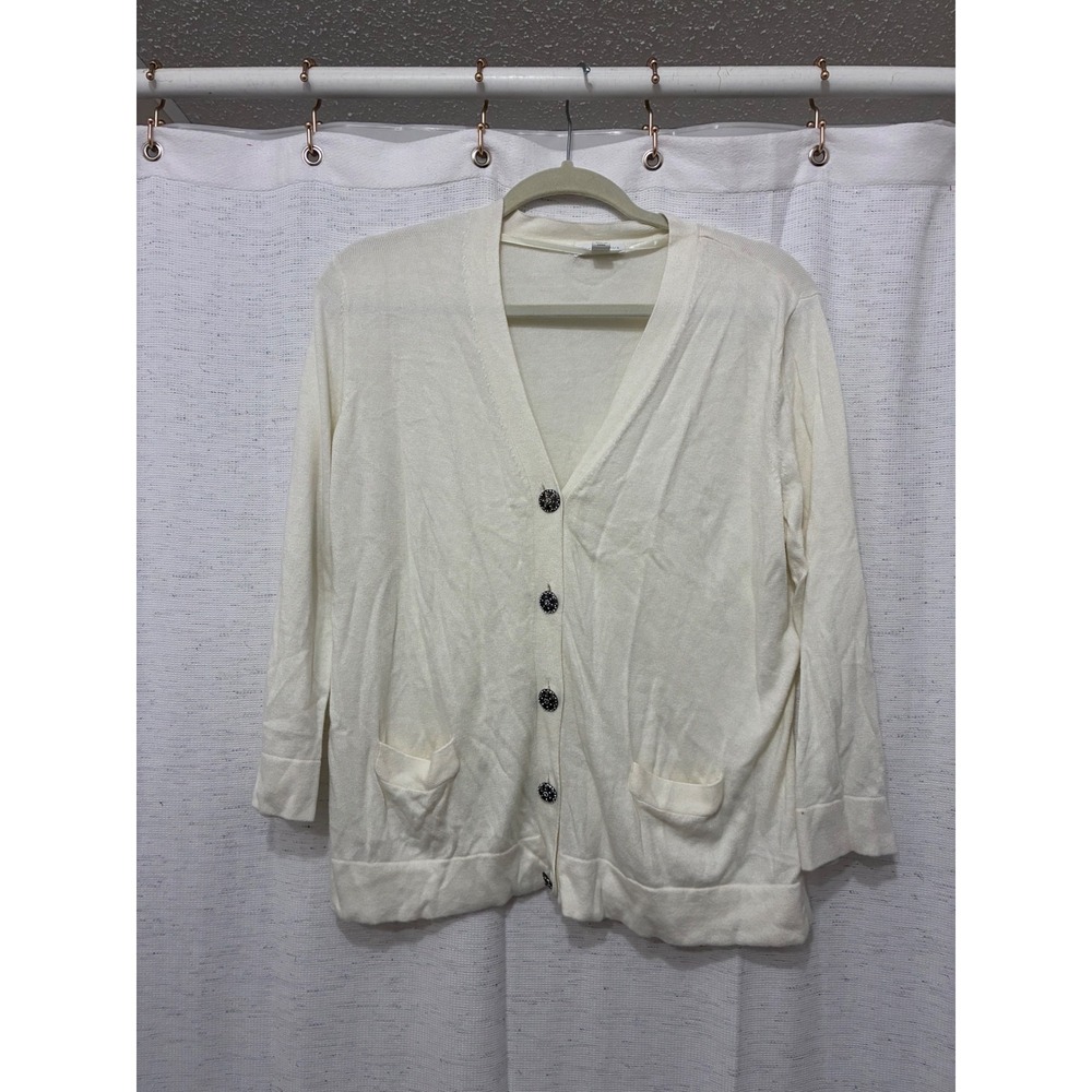 Cream V-Neck Cardigan Rhinestone Filigree Buttons Size L Cottagecore Minimalist